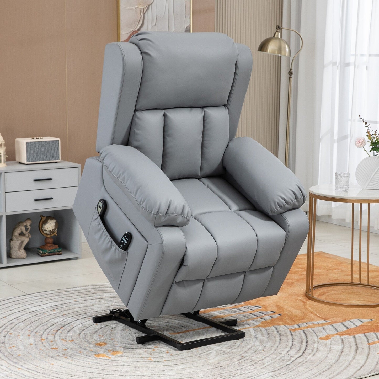 Gray PU Leather Power Lift Recliner with Vibration Massage, Heated, Remote Control, Side Pockets, Elderly