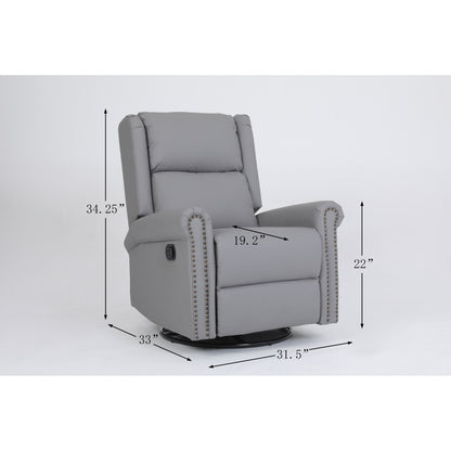 Gray PU Leather Upholstered 360Â° Swivel Manual Recliner with Adjustable Backrest and Footrest, Nailhead decoration