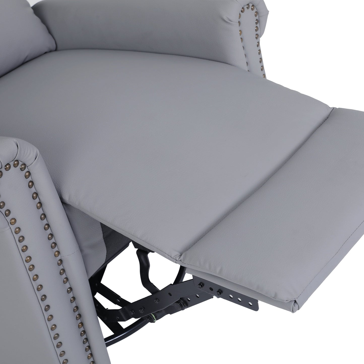 Gray PU Leather Upholstered 360Â° Swivel Manual Recliner with Adjustable Backrest and Footrest, Nailhead decoration