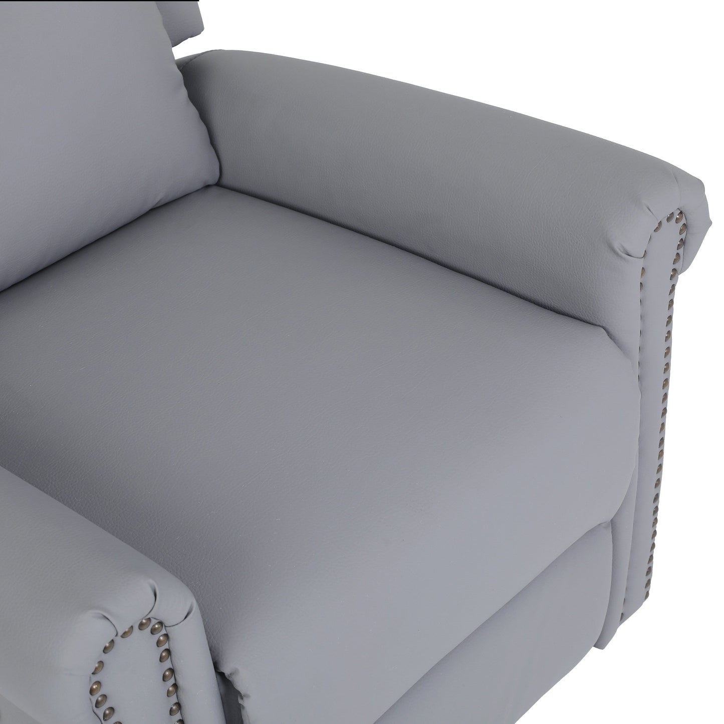 Gray PU Leather Upholstered 360Â° Swivel Manual Recliner with Adjustable Backrest and Footrest, Nailhead decoration