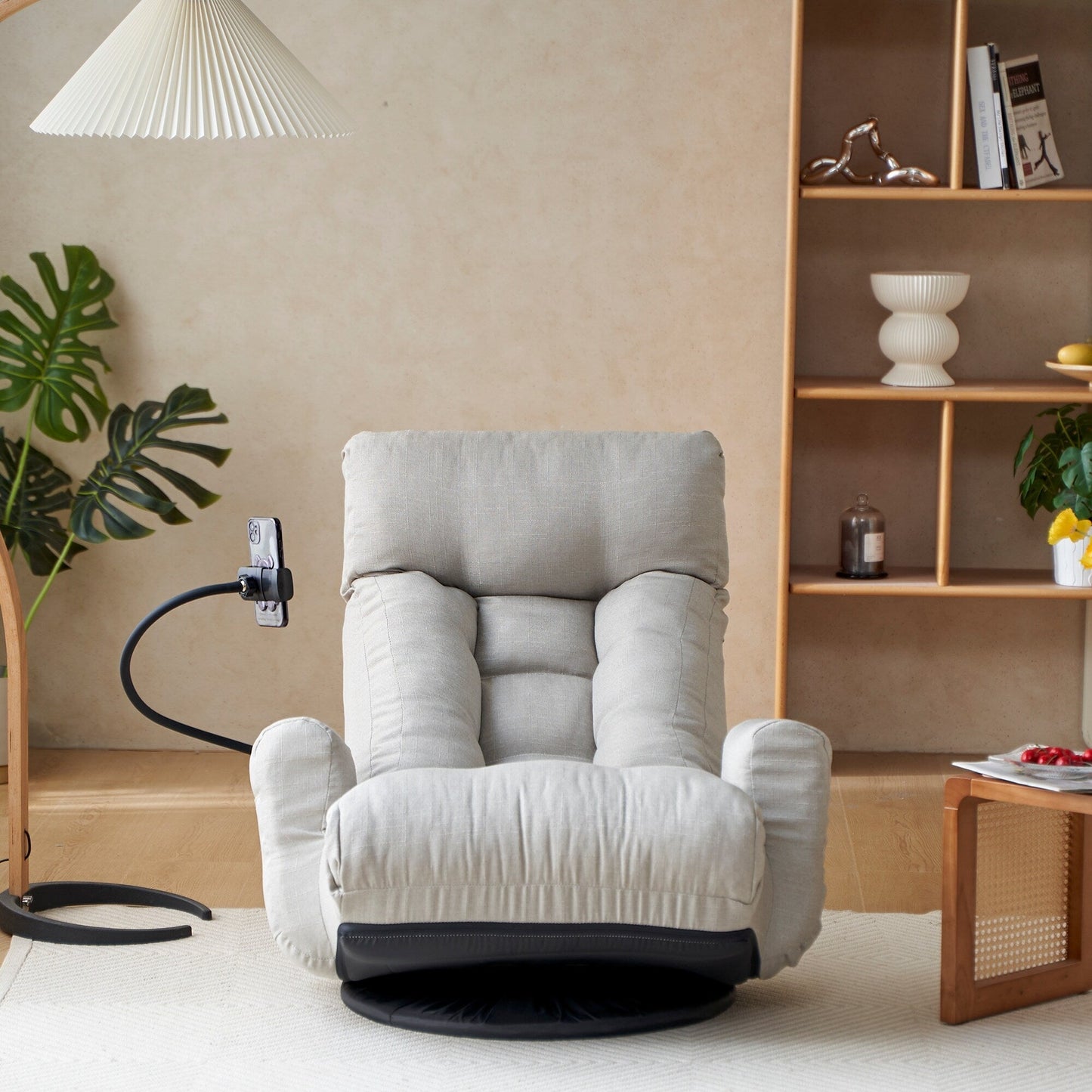 Gray Upholstered 360Â° Swivel Manual Leisure Recliner with Mobile Phone Holder, Adjustable Headrest and Backrest