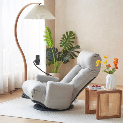 Gray Upholstered 360Â° Swivel Manual Leisure Recliner with Mobile Phone Holder, Adjustable Headrest and Backrest