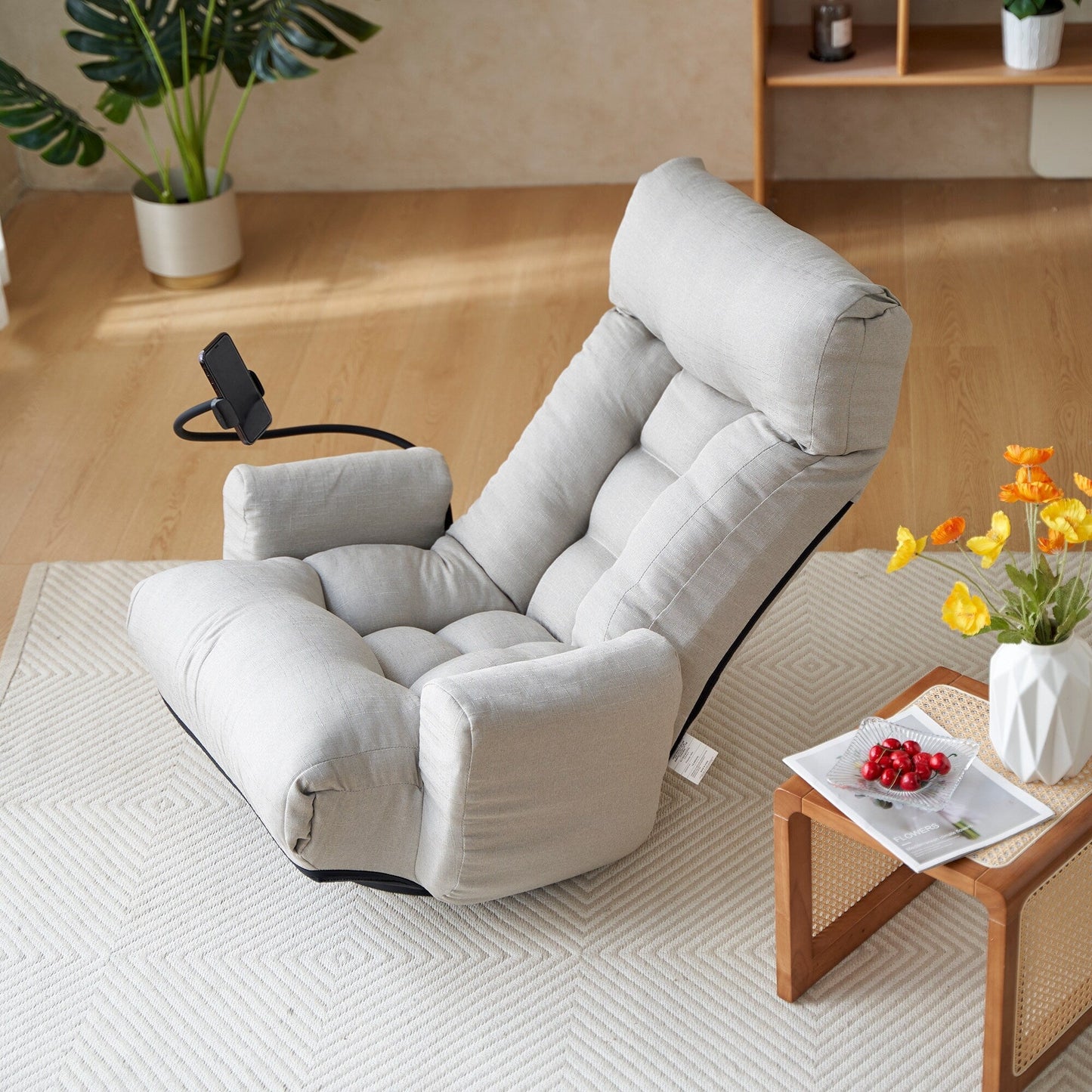 Gray Upholstered 360Â° Swivel Manual Leisure Recliner with Mobile Phone Holder, Adjustable Headrest and Backrest