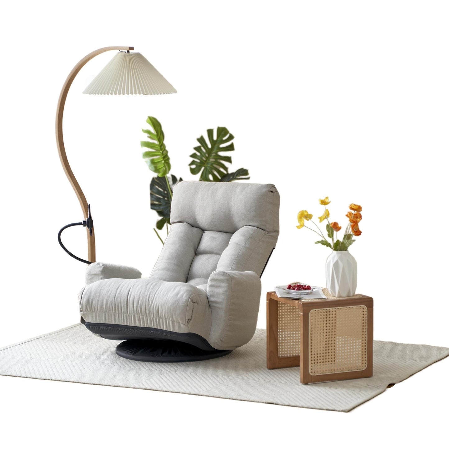 Gray Upholstered 360Â° Swivel Manual Leisure Recliner with Mobile Phone Holder, Adjustable Headrest and Backrest