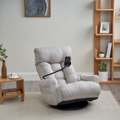 Gray Upholstered 360Â° Swivel Manual Leisure Recliner with Mobile Phone Holder, Adjustable Headrest and Backrest