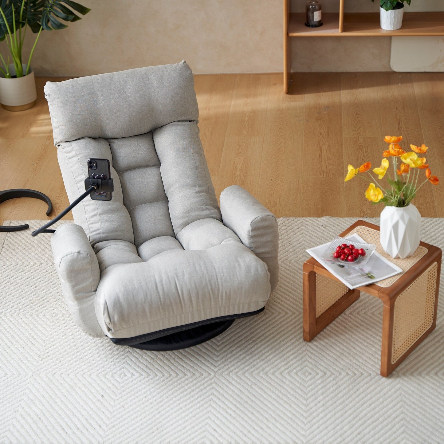 Gray Upholstered 360Â° Swivel Manual Leisure Recliner with Mobile Phone Holder, Adjustable Headrest and Backrest