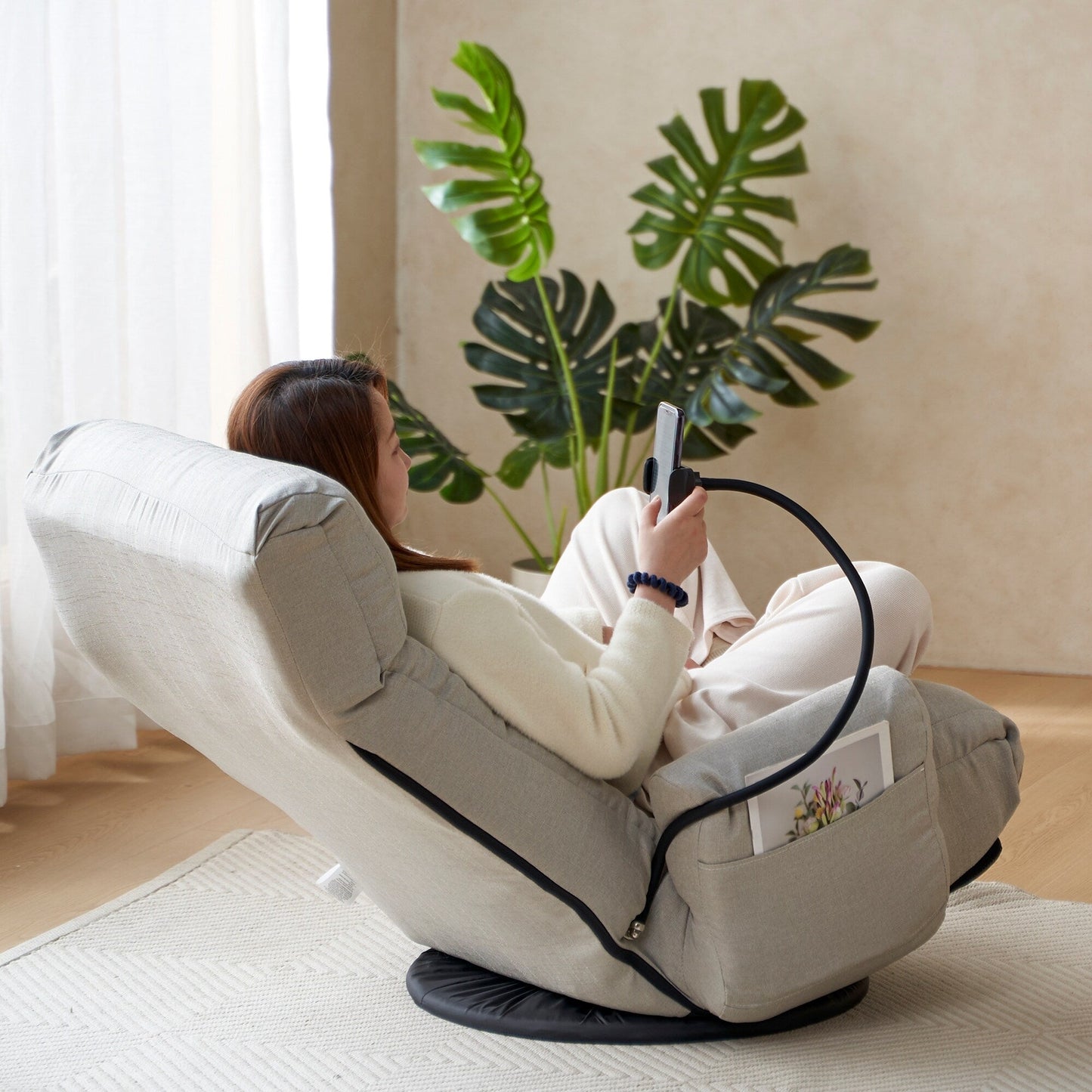Gray Upholstered 360Â° Swivel Manual Leisure Recliner with Mobile Phone Holder, Adjustable Headrest and Backrest