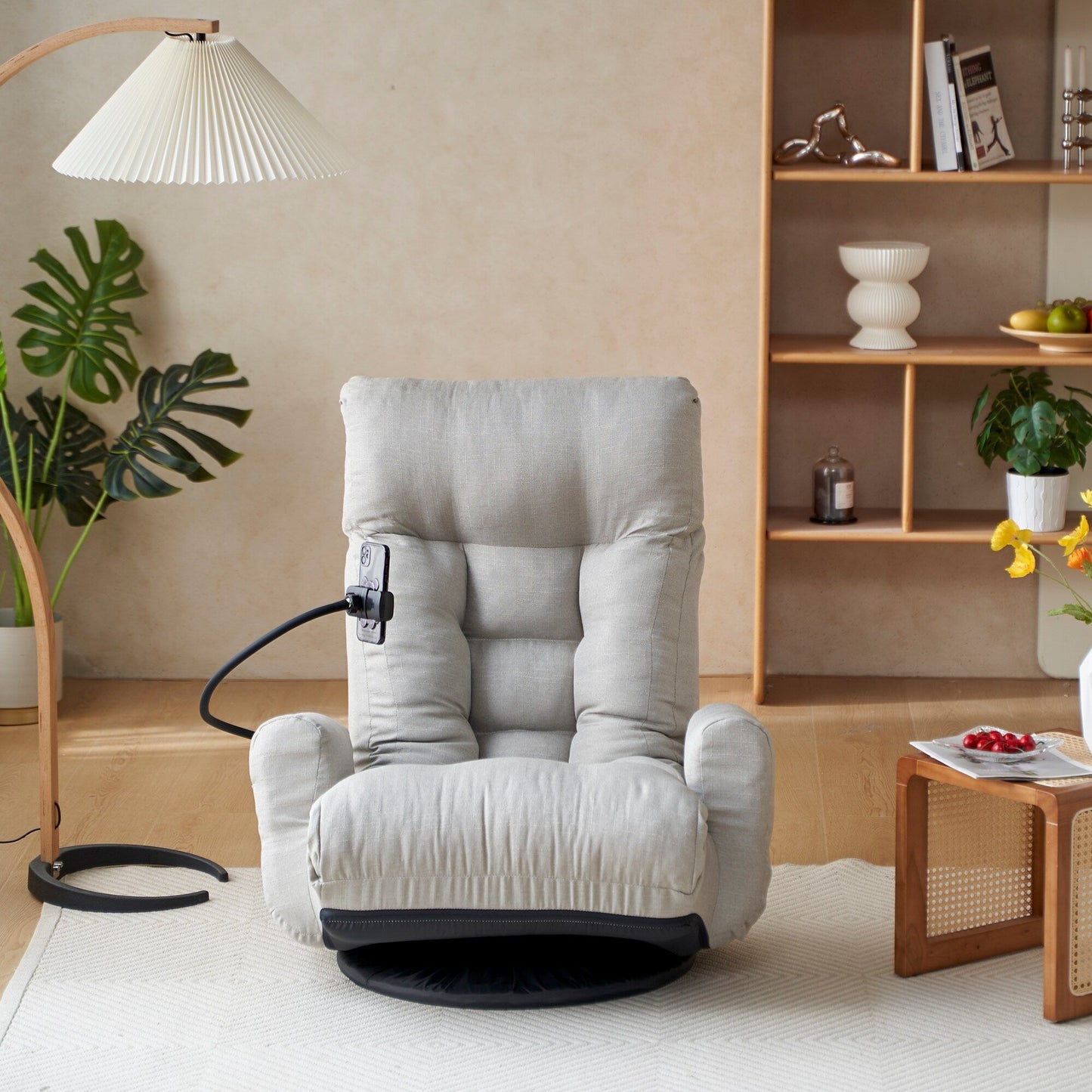 Gray Upholstered 360Â° Swivel Manual Leisure Recliner with Mobile Phone Holder, Adjustable Headrest and Backrest