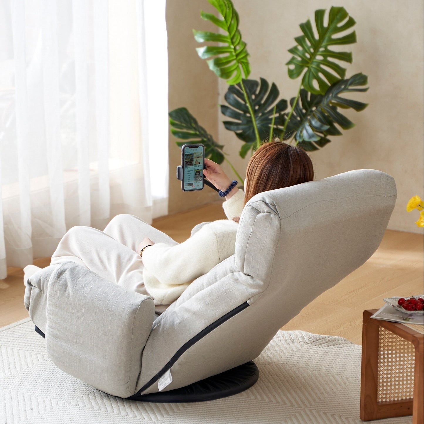 Gray Upholstered 360Â° Swivel Manual Leisure Recliner with Mobile Phone Holder, Adjustable Headrest and Backrest
