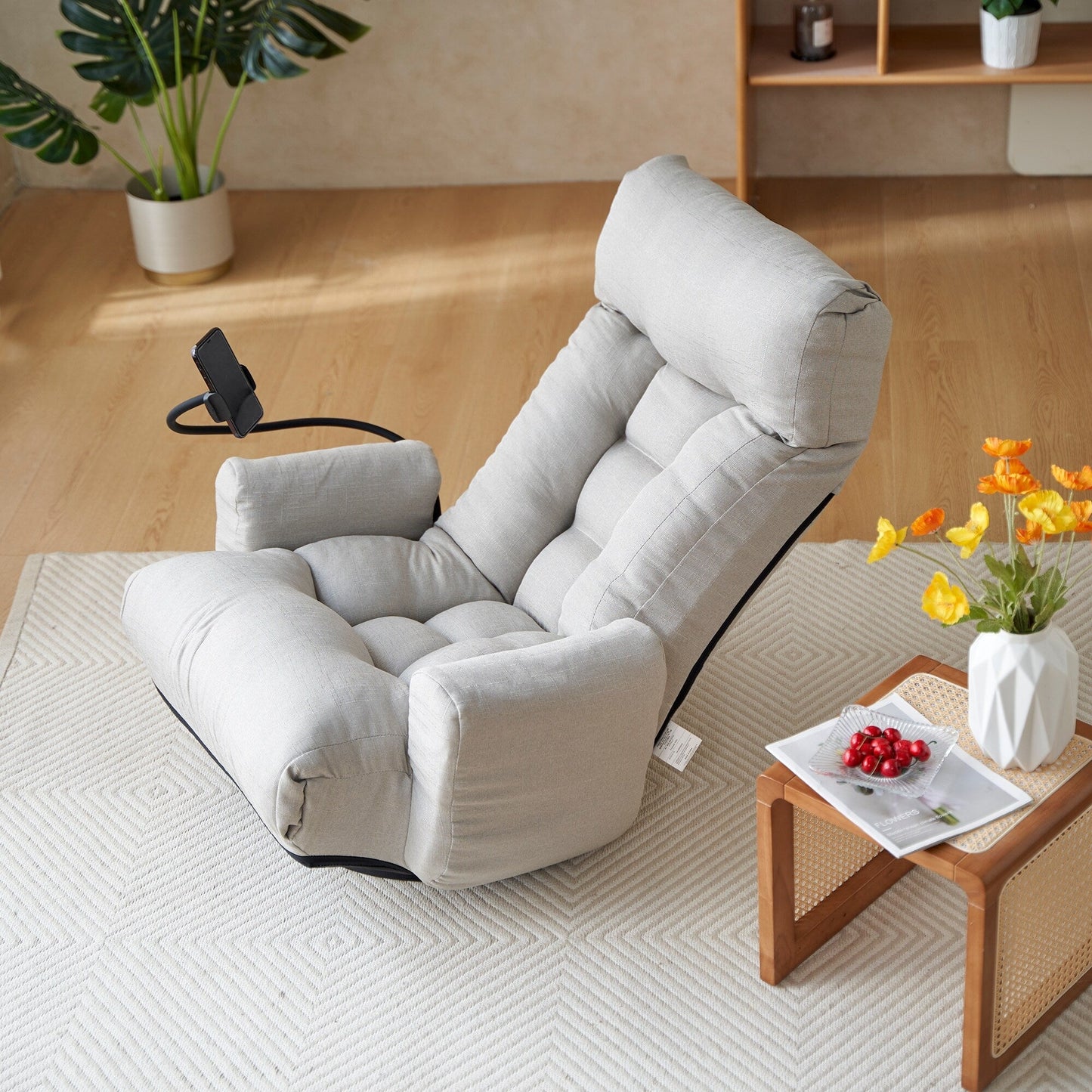 Gray Upholstered 360Â° Swivel Manual Leisure Recliner with Mobile Phone Holder, Adjustable Headrest and Backrest