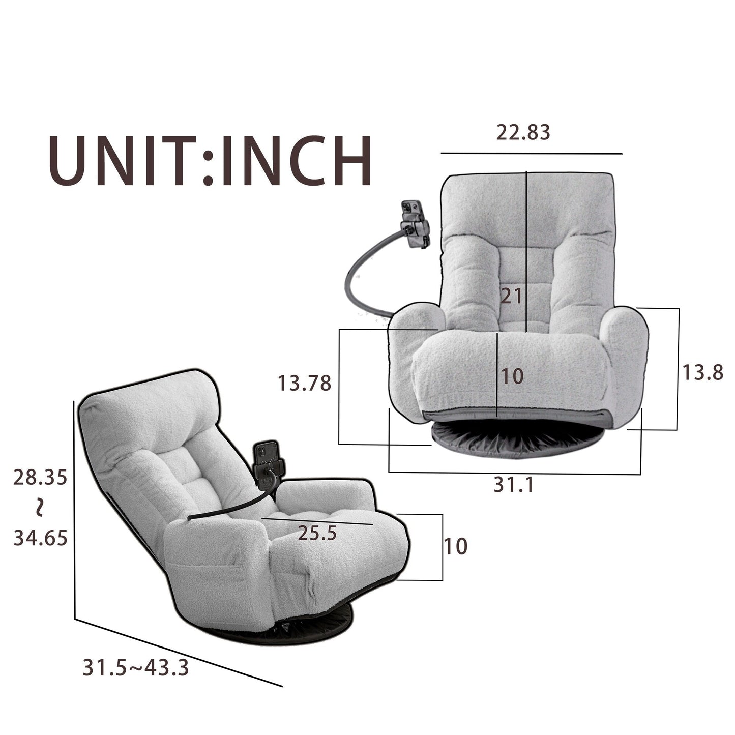 Gray Upholstered 360Â° Swivel Manual Leisure Recliner with Mobile Phone Holder, Adjustable Headrest and Backrest