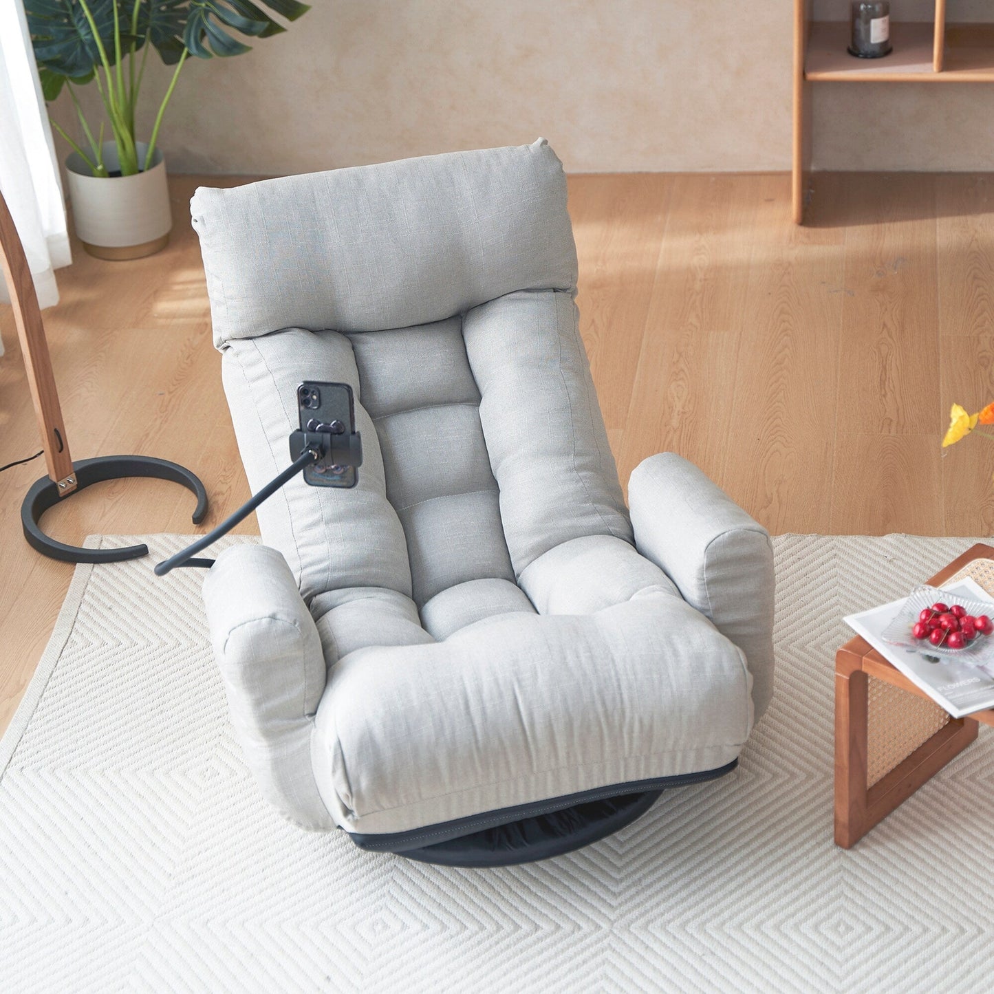 Gray Upholstered 360Â° Swivel Manual Leisure Recliner with Mobile Phone Holder, Adjustable Headrest and Backrest
