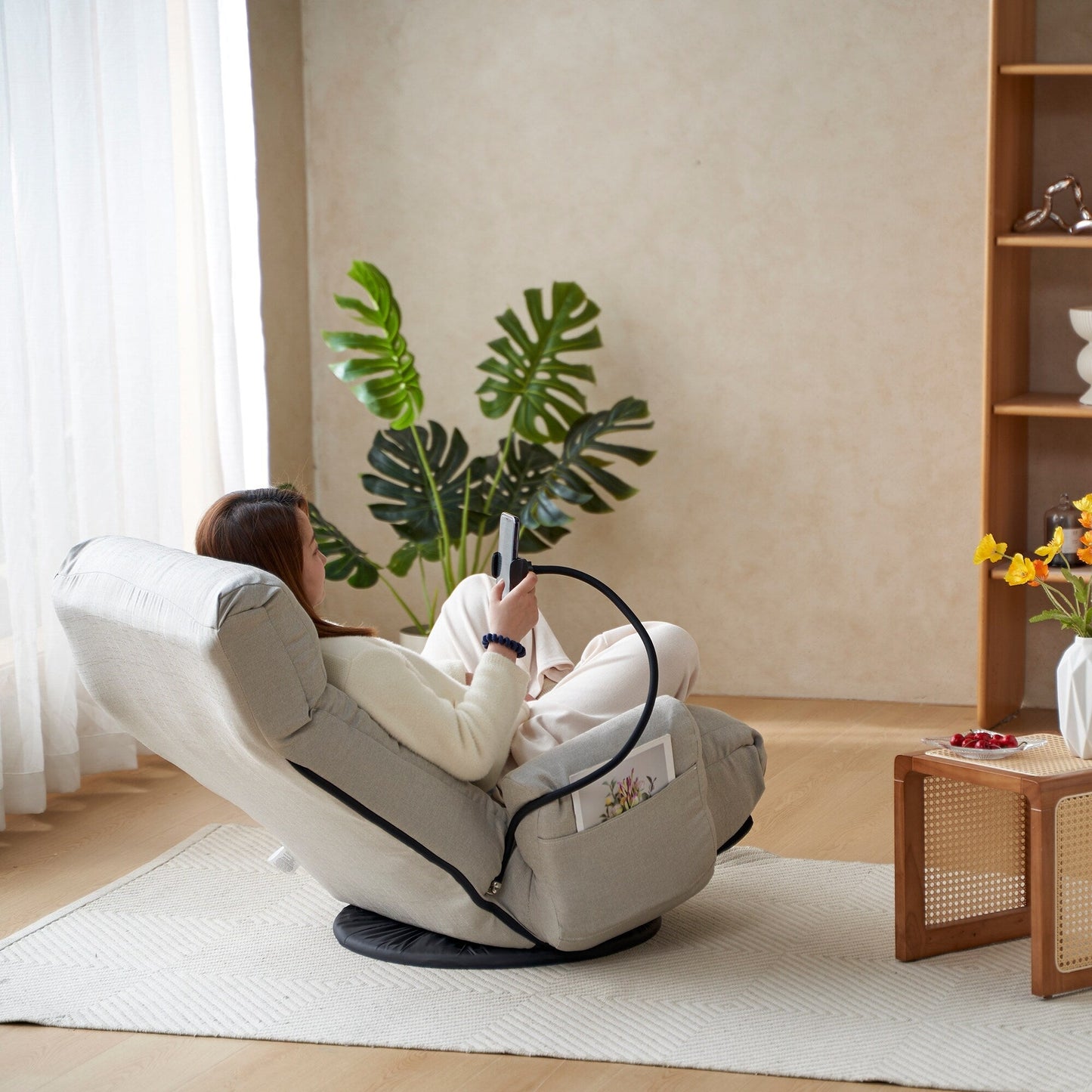 Gray Upholstered 360Â° Swivel Manual Leisure Recliner with Mobile Phone Holder, Adjustable Headrest and Backrest