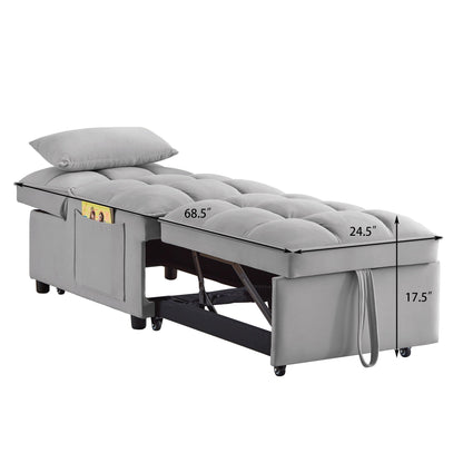 Gray Velvet Folding Sofa Bed with Adjustable Backrest