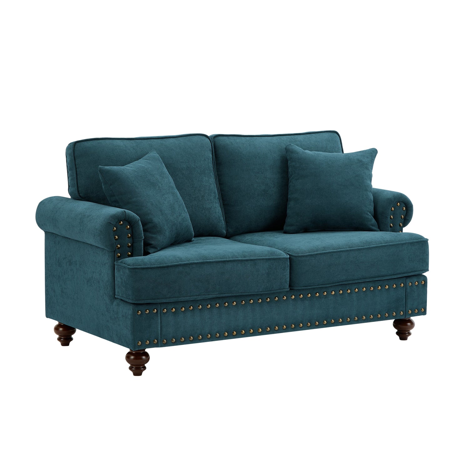 Green 60 Modern Chenille 2-Seater Sofa Couch, with Brown Legs, 2 Pillows, and Removable Back Cushions
