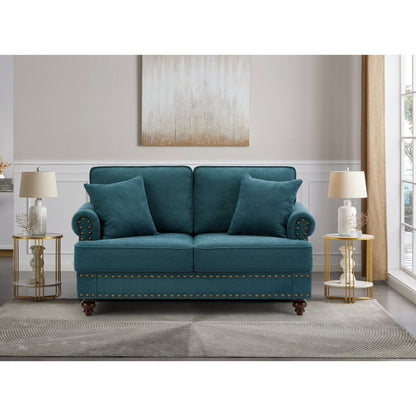 Green 60 Modern Chenille 2-Seater Sofa Couch, with Brown Legs, 2 Pillows, and Removable Back Cushions