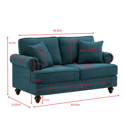 Green 60 Modern Chenille 2-Seater Sofa Couch, with Brown Legs, 2 Pillows, and Removable Back Cushions