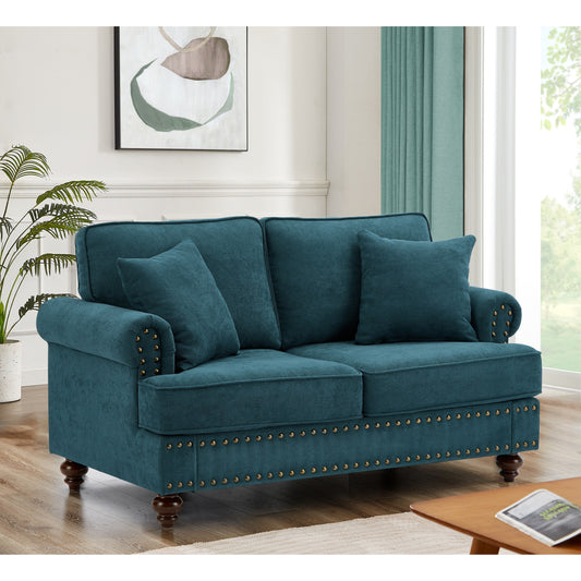 Green 60 Modern Chenille 2-Seater Sofa Couch, with Brown Legs, 2 Pillows, and Removable Back Cushions