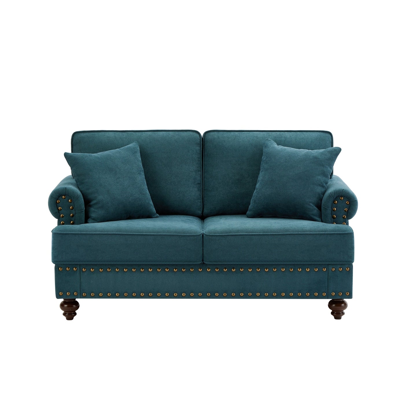 Green 60 Modern Chenille 2-Seater Sofa Couch, with Brown Legs, 2 Pillows, and Removable Back Cushions