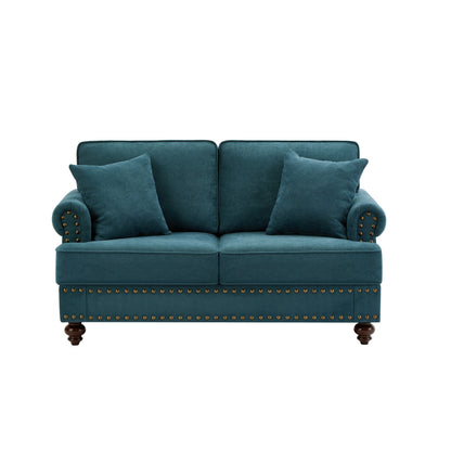 Green 60 Modern Chenille 2-Seater Sofa Couch, with Brown Legs, 2 Pillows, and Removable Back Cushions