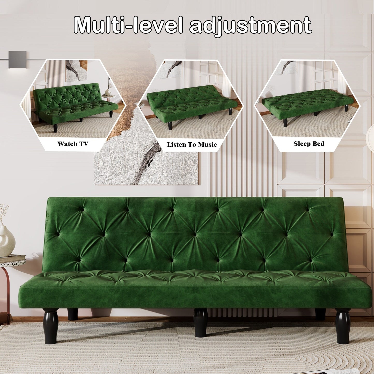 Green 66 Velvet 3-seater Sofa Bed with Sturdy Wood Frame and High Elastic Foam Cushion for Living Room