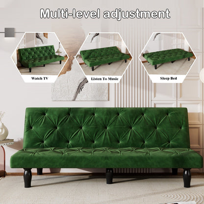 Green 66 Velvet 3-seater Sofa Bed with Sturdy Wood Frame and High Elastic Foam Cushion for Living Room