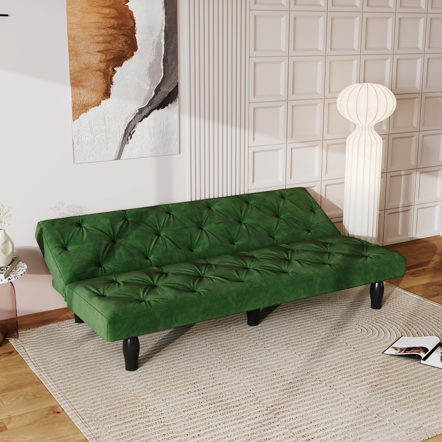Green 66 Velvet 3-seater Sofa Bed with Sturdy Wood Frame and High Elastic Foam Cushion for Living Room