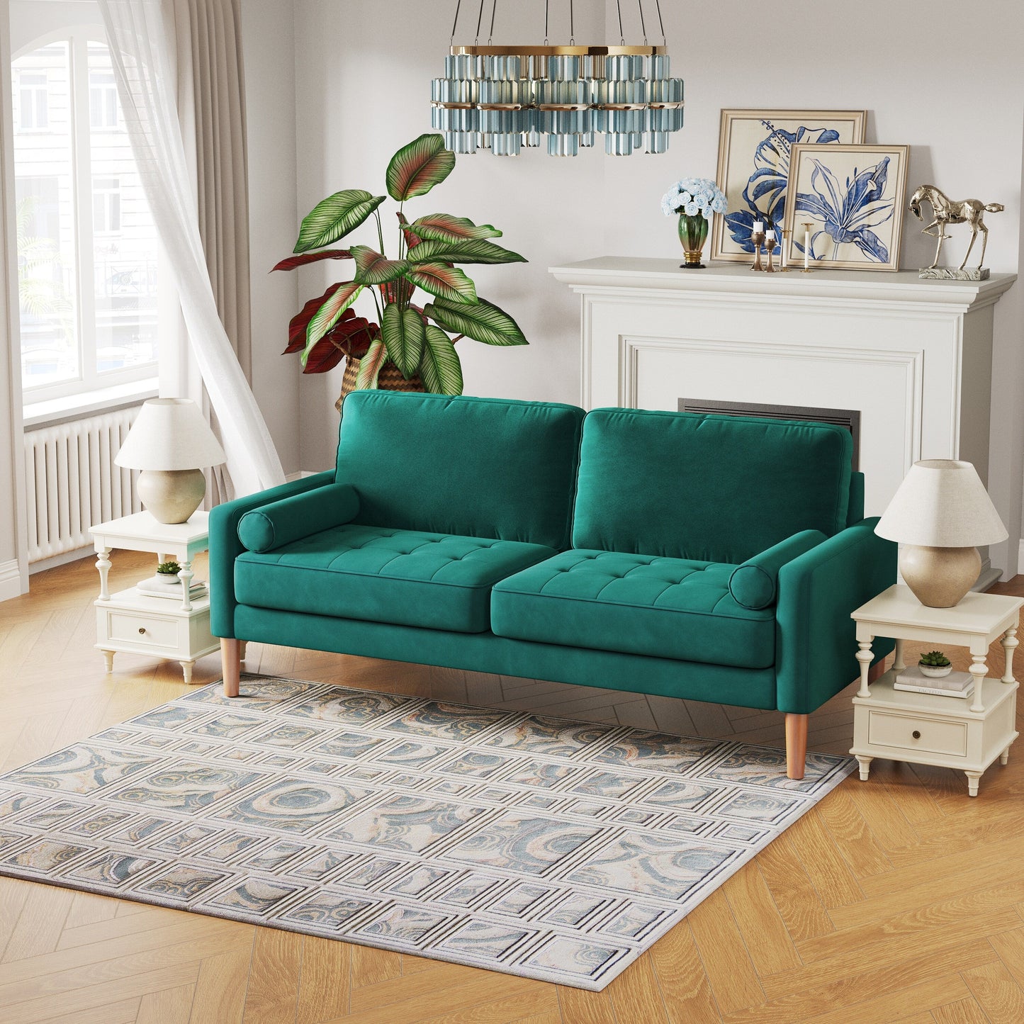 Green 67.7 Upholstered 3-Seater Sofa with Tool-Free Assembly, High-Density Foam, and Solid Wood Frame