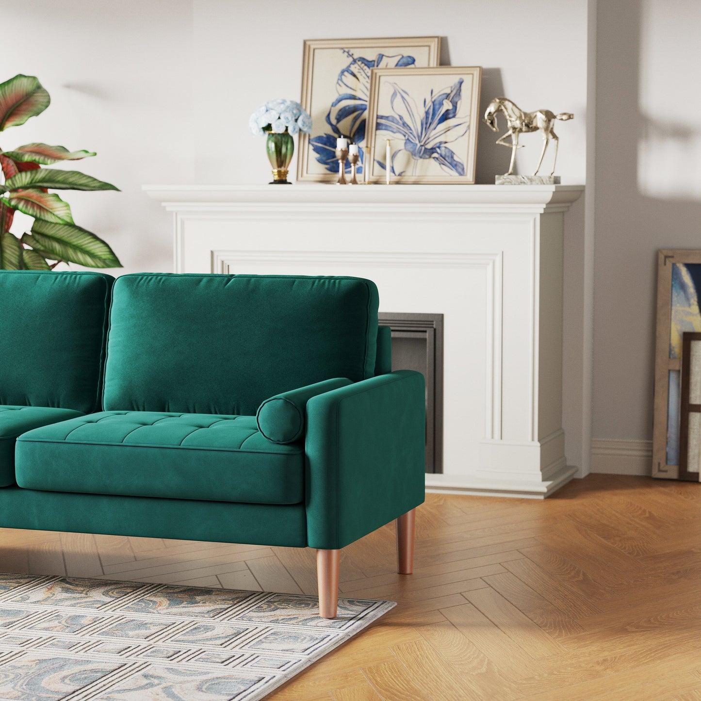Green 67.7 Upholstered 3-Seater Sofa with Tool-Free Assembly, High-Density Foam, and Solid Wood Frame
