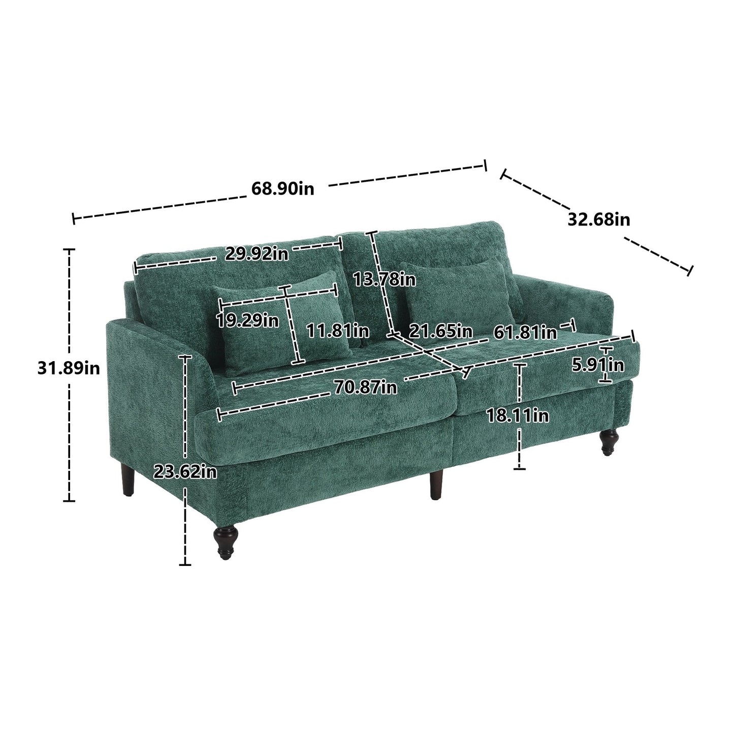Green 68.9'' Chenille 2-Seater Sofa with Detachable Cushions and Wooden Legs