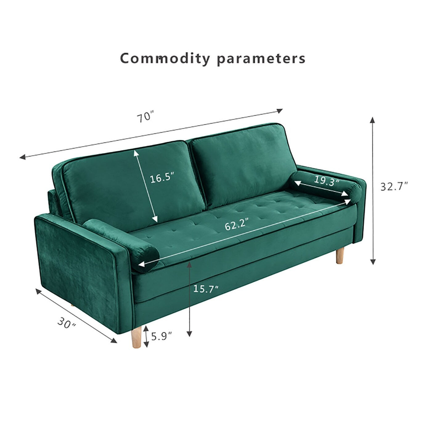 Green 70 3-seater Sofa with High-Quality Elastic amd Doll Cotton Filling Cushion for Living Room