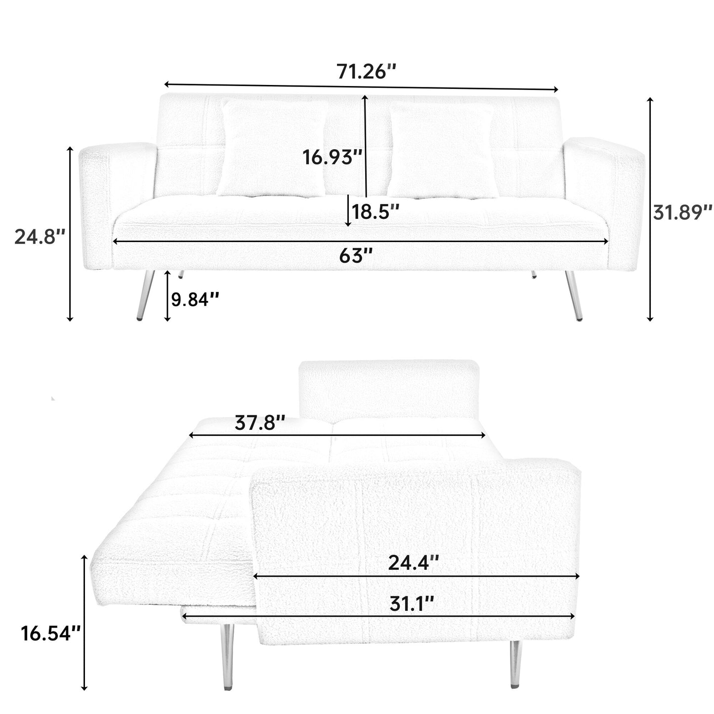 Green 71.7 Teddy Fleece Convertible Loveseat Sofa Bed with Adjustable Backrest and 2 Pillows for Living Room