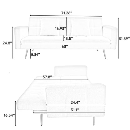 Green 71.7 Teddy Fleece Convertible Loveseat Sofa Bed with Adjustable Backrest and 2 Pillows for Living Room