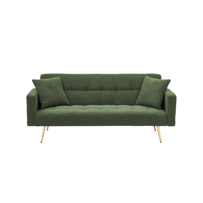Green 71.7 Teddy Fleece Convertible Loveseat Sofa Bed with Adjustable Backrest and 2 Pillows for Living Room