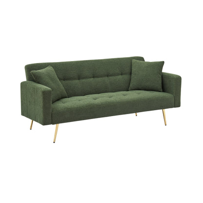 Green 71.7 Teddy Fleece Convertible Loveseat Sofa Bed with Adjustable Backrest and 2 Pillows for Living Room