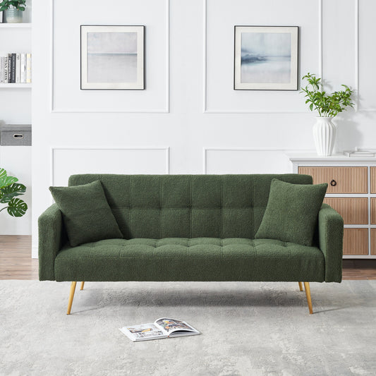 Green 71.7 Teddy Fleece Convertible Loveseat Sofa Bed with Adjustable Backrest and 2 Pillows for Living Room