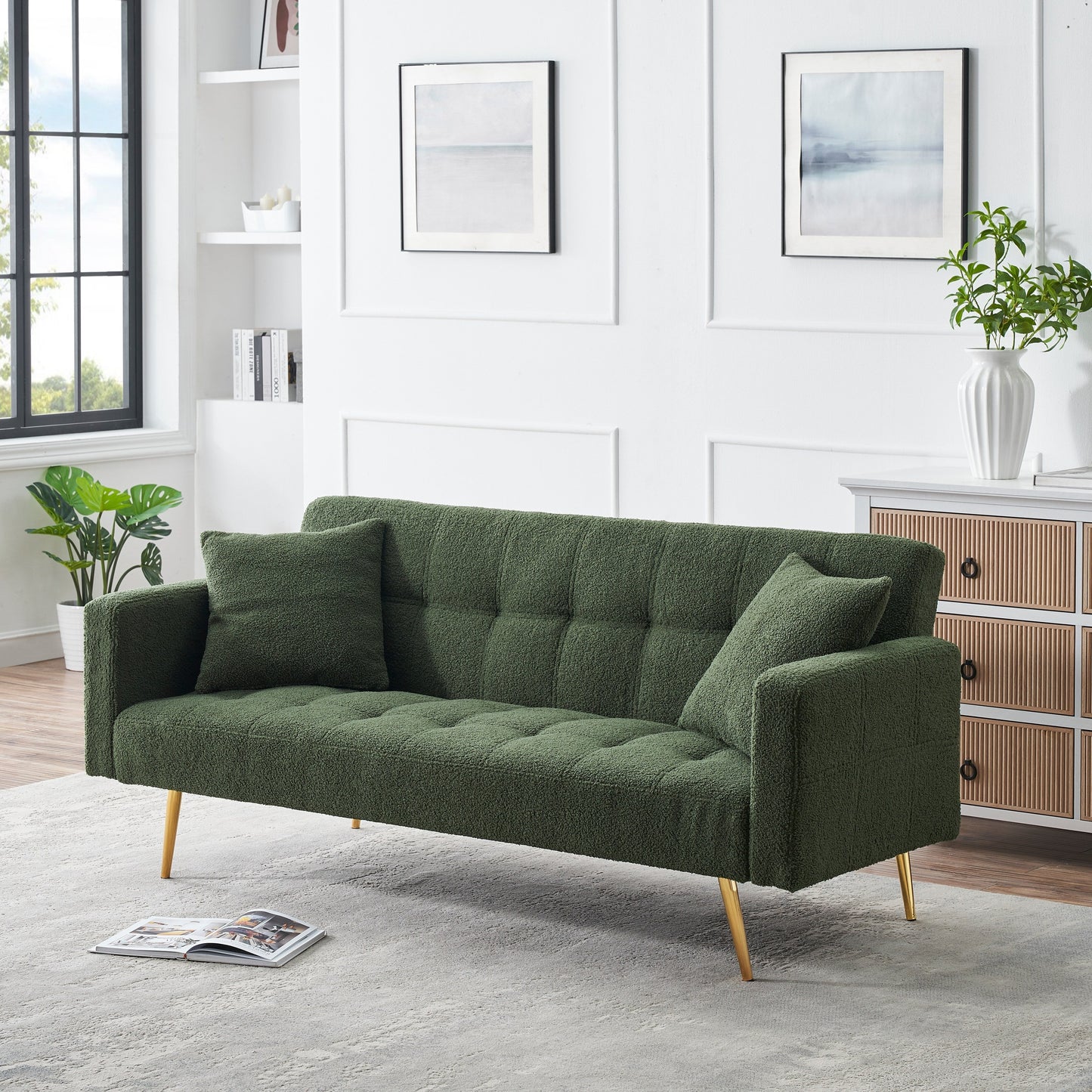 Green 71.7 Teddy Fleece Convertible Loveseat Sofa Bed with Adjustable Backrest and 2 Pillows for Living Room