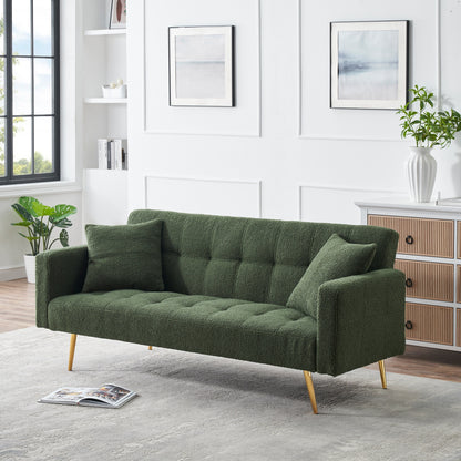Green 71.7 Teddy Fleece Convertible Loveseat Sofa Bed with Adjustable Backrest and 2 Pillows for Living Room