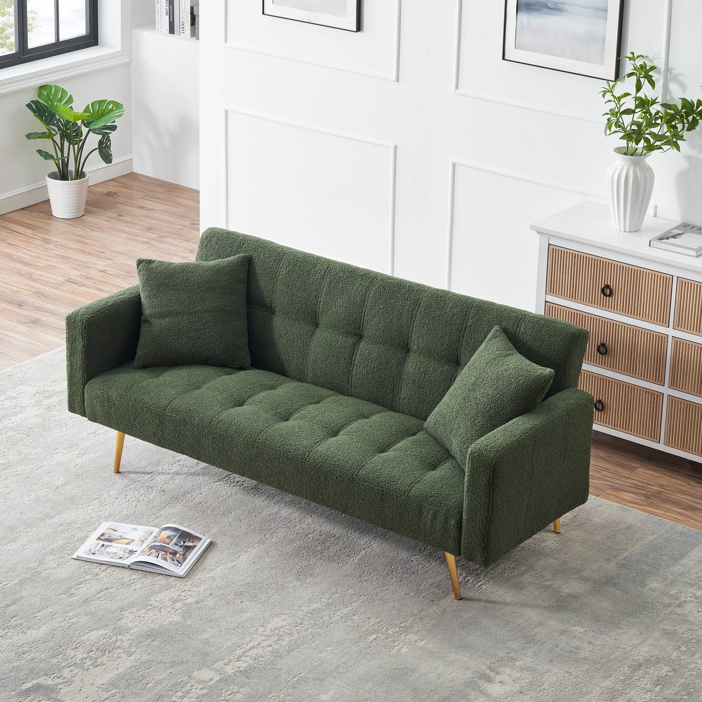 Green 71.7 Teddy Fleece Convertible Loveseat Sofa Bed with Adjustable Backrest and 2 Pillows for Living Room