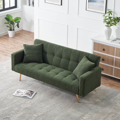 Green 71.7 Teddy Fleece Convertible Loveseat Sofa Bed with Adjustable Backrest and 2 Pillows for Living Room