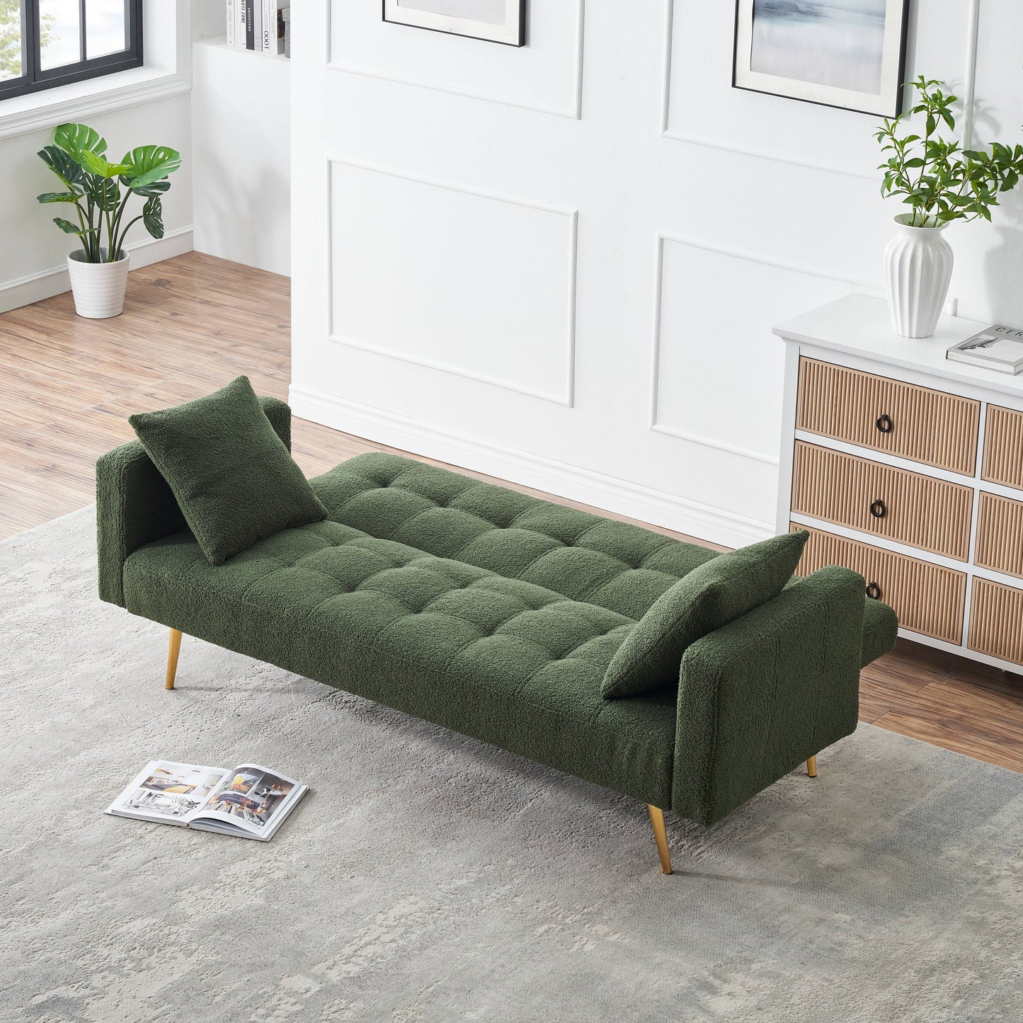 Green 71.7 Teddy Fleece Convertible Loveseat Sofa Bed with Adjustable Backrest and 2 Pillows for Living Room