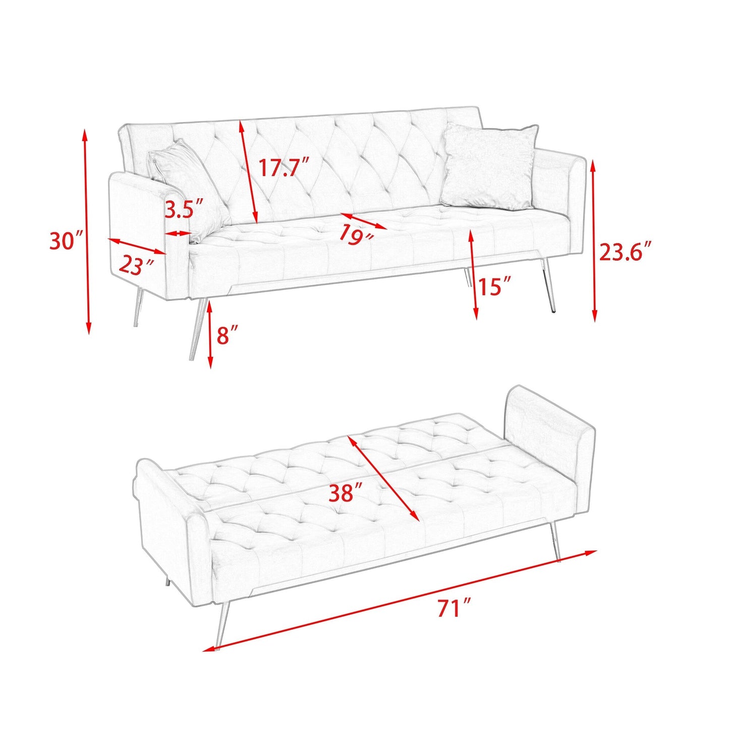 Green 71 Velvet Convertible 3-seater Sofa Bed with Two Throw Pillows and Metal Legs for Living Room