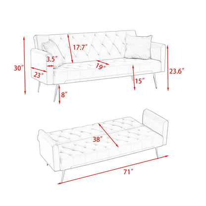 Green 71 Velvet Convertible 3-seater Sofa Bed with Two Throw Pillows and Metal Legs for Living Room