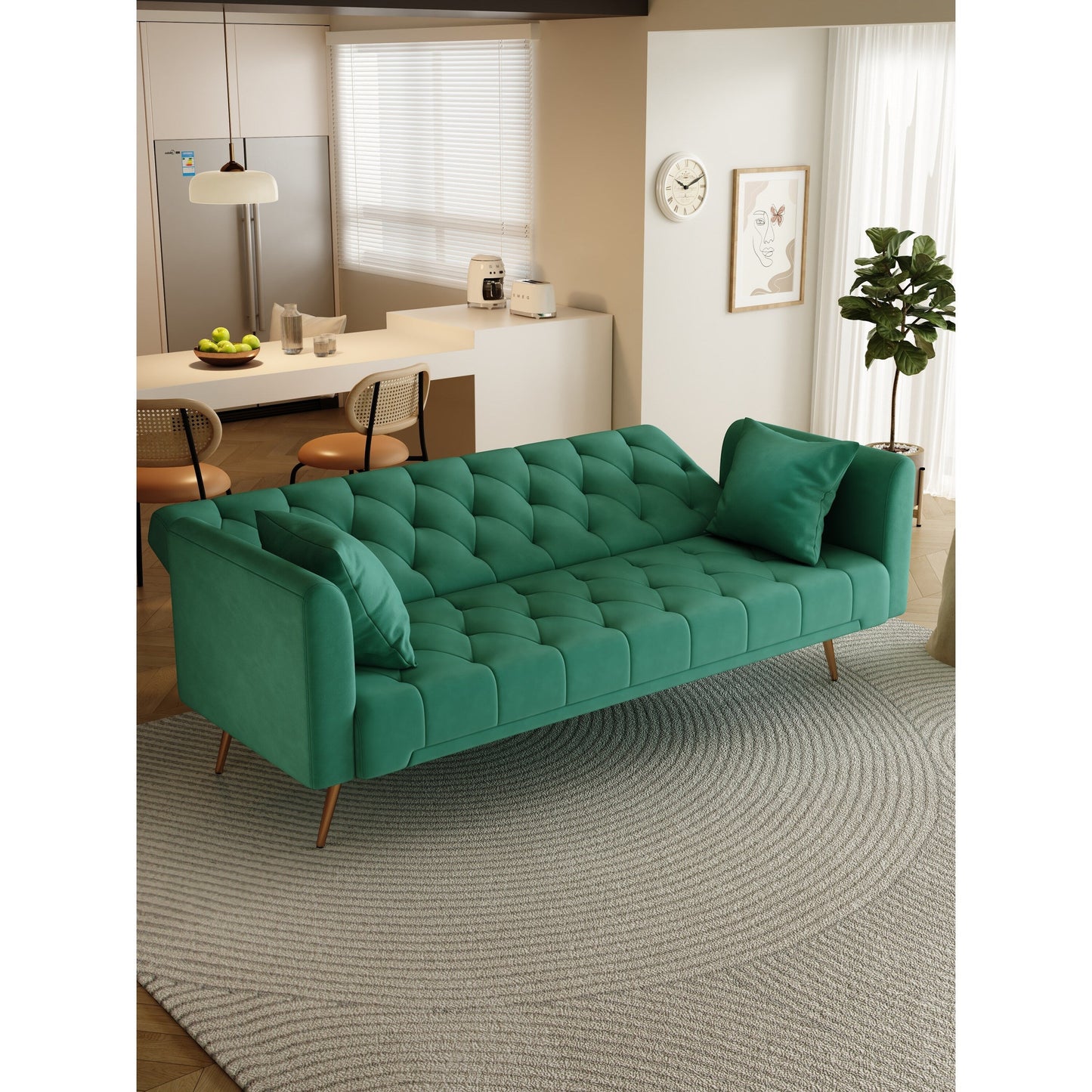 Green 71 Velvet Convertible 3-seater Sofa Bed with Two Throw Pillows and Metal Legs for Living Room