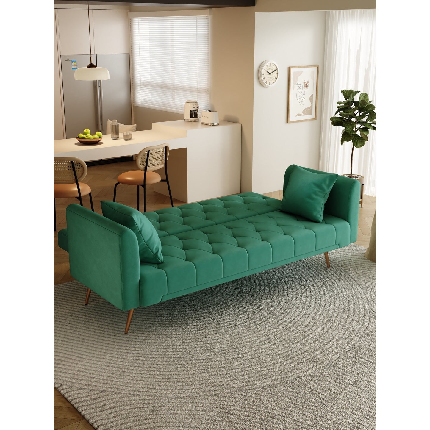 Green 71 Velvet Convertible 3-seater Sofa Bed with Two Throw Pillows and Metal Legs for Living Room