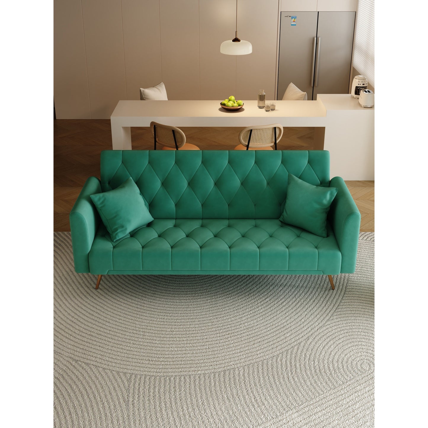 Green 71 Velvet Convertible 3-seater Sofa Bed with Two Throw Pillows and Metal Legs for Living Room