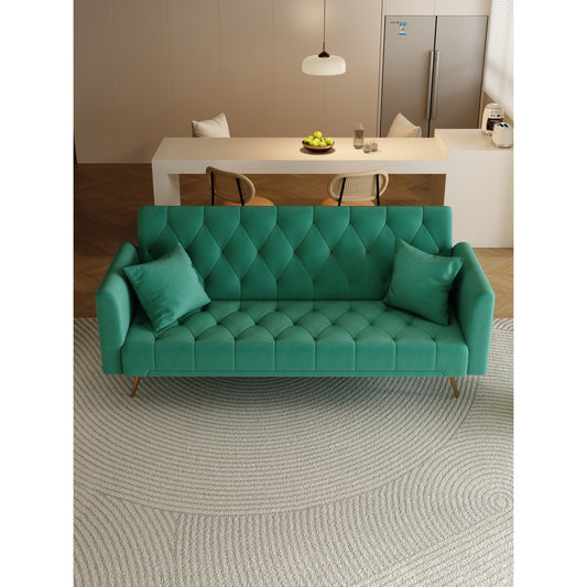 Green 71 Velvet Convertible 3-seater Sofa Bed with Two Throw Pillows and Metal Legs for Living Room