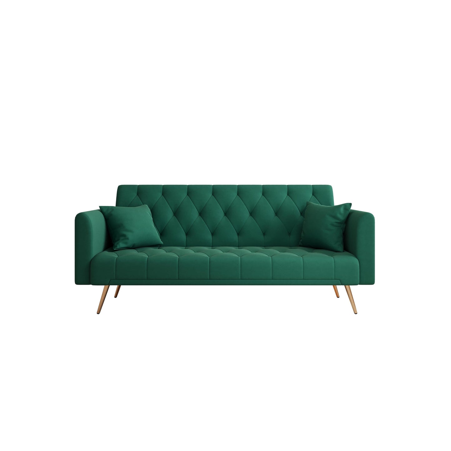 Green 71 Velvet Convertible 3-seater Sofa Bed with Two Throw Pillows and Metal Legs for Living Room