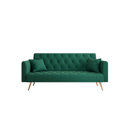 Green 71 Velvet Convertible 3-seater Sofa Bed with Two Throw Pillows and Metal Legs for Living Room