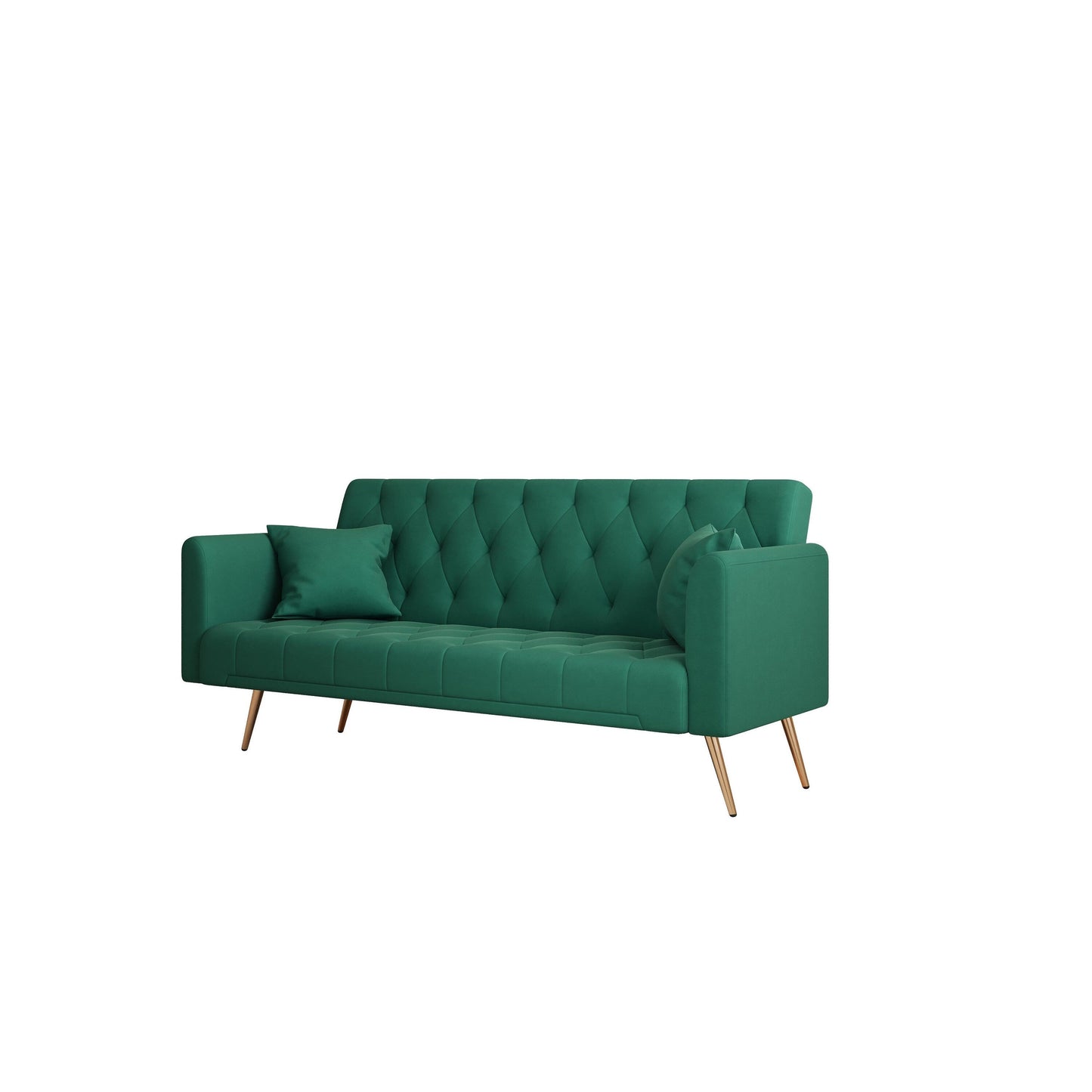 Green 71 Velvet Convertible 3-seater Sofa Bed with Two Throw Pillows and Metal Legs for Living Room